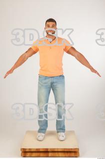 Whole body orange tshirt light blue jeans of Harold 0009